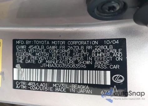 2005 Lexus Es 330 z USA, uszkodzony, nr VIN JTHBA30G355083596